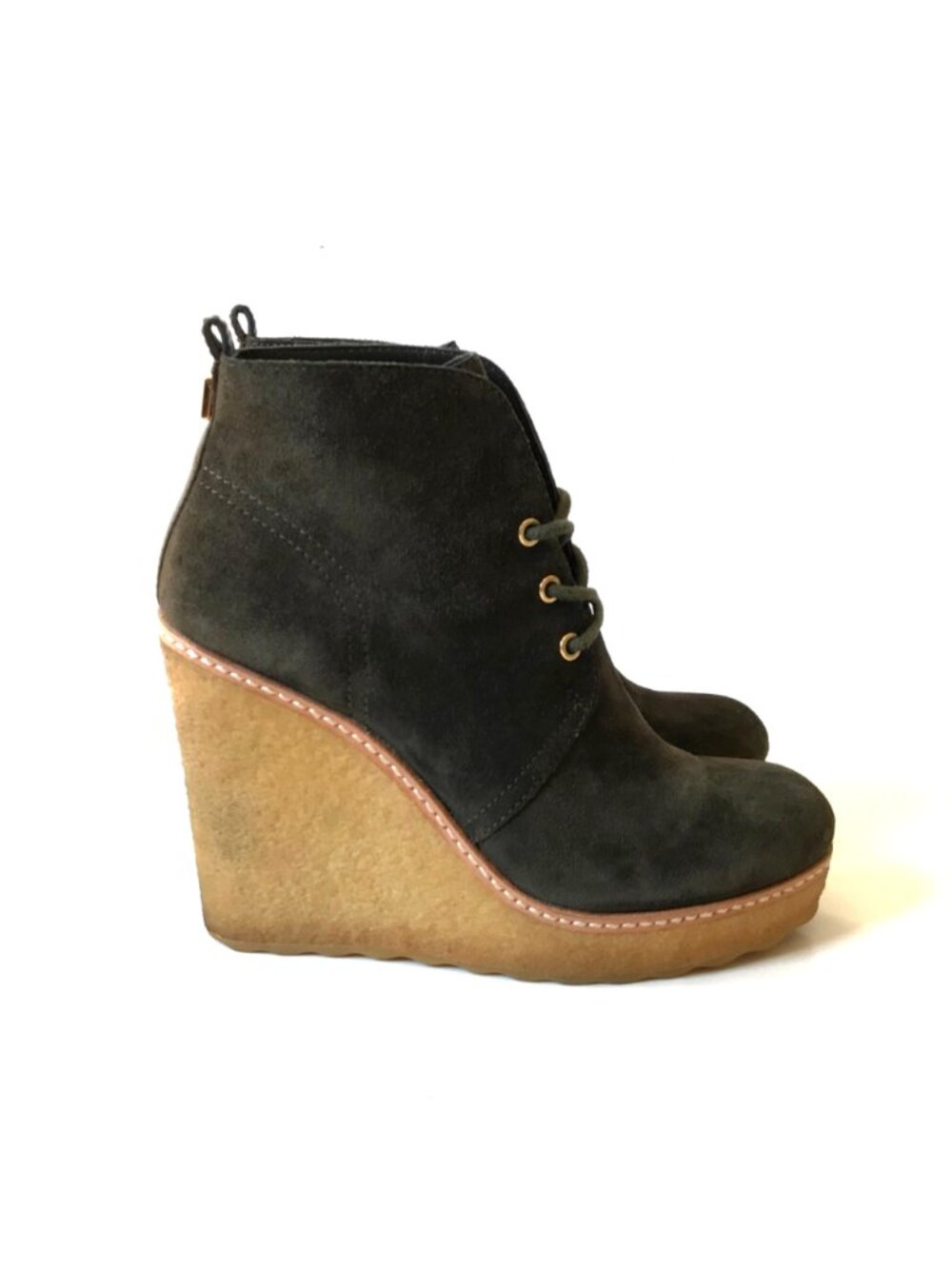 Tory Burch Denise Suede Wedge Boots Booties Womens 6.5 Olive Green Lace Up Shoes